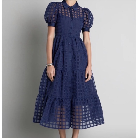 English Factory Gridded Organza Tiered Collared Maxi Dress, Blue, Medium, NWT - Picture 5 of 11